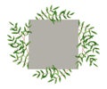Square frame with watercolor pistache branches. Hand drawn illustration is isolated on white with grey foursquare. Wreath