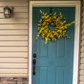 Square frame Wooden blue entrance door with floral wreath