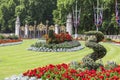 Square in front of the Buckingham Palace with flowerbed and decorative gate to Green Park, London, United Kingdom. Royalty Free Stock Photo