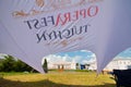 Square in front of main building and left wing of Polish count Potocki palace, stage ready for Tulchyn Opera Fest, annual festival