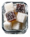 Square Glass Container Filled with White and Brown Sugar Cubes white sugar Royalty Free Stock Photo