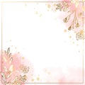 Square gold frame of gold pink small flowers and branches on a white background with pink watercolor. Minimalism of