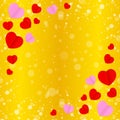 Square gold frame and red pink heart shape for template banner valentines gold background, many hearts shape on gold gradient soft