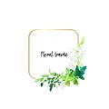 Square gold frame with white flowers, eucalyptus leaves and succulent plants. Modern minimalistic vector design. Royalty Free Stock Photo