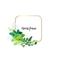 Square gold frame with white flowers, eucalyptus leaves and succulent plants. Modern minimalistic vector design. Royalty Free Stock Photo