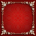 Square gold jewelry frame on red background