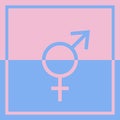 A square graphic illustration of joined blue and pink male and female symbols to show gender equality