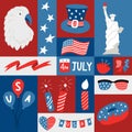 Square graphic poster with national symblos of USA independence day. Geometric greeting card for 4th of July. Patriotic