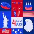 Square graphic poster with national symblos of USA independence day. Geometric greeting card for 4th of July. Patriotic