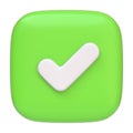 A square green button with a white tick isolated on a white background