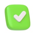A square green button with a white tick isolated on a white background