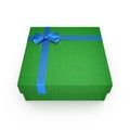 Square green giftbox with lid tied with an ornamental blue ribbon on white. 3D illustration Royalty Free Stock Photo