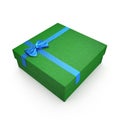 Square green giftbox with lid tied with an ornamental blue ribbon on white. 3D illustration Royalty Free Stock Photo