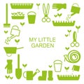 Square green label with gardener's tools icons and plants lettering my little garden.