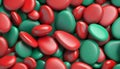 Combining green and red 3D stones to create a multicolored abstract background 3D render