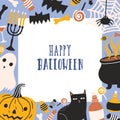 Square greeting card or postcard template decorated with frame consisted of spooky creatures, Jack-o`-lantern, sweets