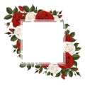 Square greeting card on red and pink rose flowers