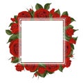 Square greeting card on red rose flowers