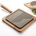 Square Grill Pan on Wood Board, Cooking, Kitchenware Royalty Free Stock Photo