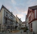 Square with half-timbered houses, in the medieval village Noyers-sur-Serein Royalty Free Stock Photo