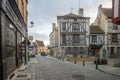 Square with half-timbered houses, in the medieval village Noyers-sur-Serein Royalty Free Stock Photo