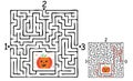 Square halloween maze labyrinth game for kids. Labyrinth logic conundrum. Three entrance and one right way to go. Vector Royalty Free Stock Photo