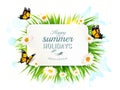 Square happy summer holidays banner with grass, butterflies