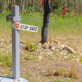 Square Hiking trails views with stop gate sign in Park City ski resort in summer Royalty Free Stock Photo