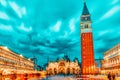 Square of the Holy Mark Piazza San Marco and St. Mark`s Cathedral Basilica di San Marco at the night time. Venice. Italy Royalty Free Stock Photo