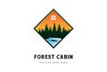 Square House with Pine Cedar Conifer Evergreen Fir Cypress Larch Trees Forest and River Creek for Cabin Chalet Cottage Camp Logo