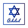 Square Icon of blue David star with inscription of city name: Ashdod in modern style. Israel symbol with frame. Vector