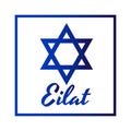 Square Icon of blue David star with inscription of city name: Eilat in modern style. Israel symbol with frame. Vector