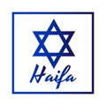 Square Icon of blue David star with inscription of city name: Haifa in modern style. Israel symbol with frame. Vector