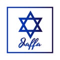 Square Icon of blue David star with inscription of city name: Jaffa in modern style. Israel symbol with frame. Vector