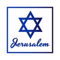 Square Icon of blue David star with inscription of city name: Jerusalem in modern style. Israel symbol with frame