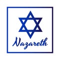 Square Icon of blue David star with inscription of city name: Nazareth in modern style. Israel symbol with frame. Vector
