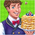 Smiling cartoon waiter holding a plate with pancakes