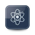 Square icon with a dark blue background featuring a white atom symbol. The symbol Royalty Free Stock Photo