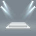 Square illuminated podium. Stage pedestals winner scene with lighting. 3D two-stage platform on gray background