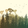 Square illustration of green forest mountains.