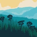 Square illustration of misty coniferous forest hills. Royalty Free Stock Photo