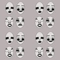 scary ugly strange masks with different facial expressions and emotions in a row on a beige background. modern unusual abstract