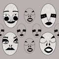 seamless pattern. several strange ugly masks with different facial expressions and emotions on a beige background. modern unusual
