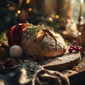 A sourdough bread with a Santa hat during Christmas time