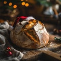 A sourdough bread with a Santa hat during Christmas time
