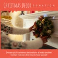 Square image of biracial woman decorating christmas tree with christmas decor donation text