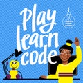 A square image of a black girl who studies robotics. A vector image for a flyer or a poster for the children coding school. Blue a