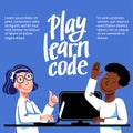 A square image of a boy and a girl who study coding. A vector image for a flyer or a poster for the children coding school. Blue a