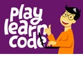 A square vector image of the boy who studies coding. A image for a flyer or a poster for the chidren coding school. Play learn