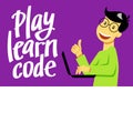 A square vector image of the boy who studies coding. A image for a flyer or a poster for the chidren coding school. Play learn